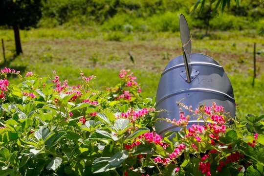 Foto composta de um regador decorativo com flores ao seu redor e ao fundo uma lavoura, Santa Tereza d' Oeste - PR, 06 de maio de 2022