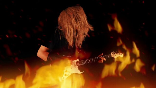 Guitarist Playing In Fire Hard Rock Concept

