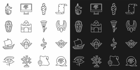 Set line Eye of Horus, Egyptian symbol Winged sun, necklace, mummy, house, sarcophagus, anubis and lotus icon. Vector