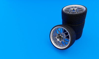 Obraz na płótnie Canvas 3d illustration, car wheels, on blue background ,copy space, 3d rendering