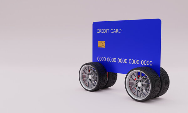 3d illustration , credit card on car wheels, light background, copy space ,3d rendering