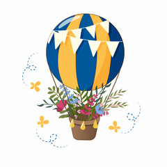 Handdrawn colourful air balloon with flowers, leaves and butterflies.