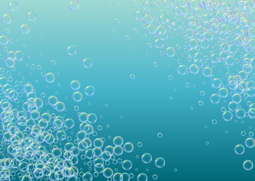 Bathtub foam. Detergent soap bubble and suds for bath. Shampoo. Aqua fizz and splash. Realistic water frame and border. 3d vector illustration invite. Blue colorful liquid bathtub foam.