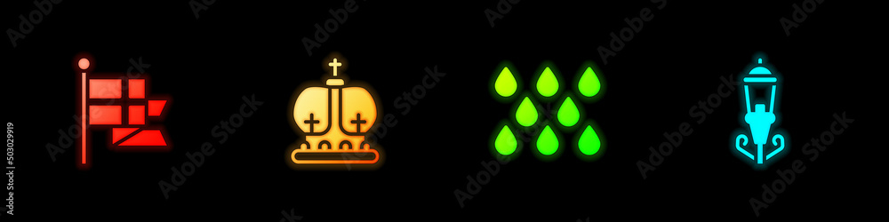 Sticker Set England flag on flagpole, British crown, Water drop and Vintage street light icon. Vector