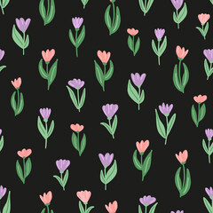 Obraz premium Hand drawn, flowers with leaves seamless repeat pattern. Vector, floral all over surface print on black background.