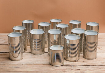 recycled pots for garden, on work table. brown backgroung