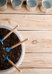 mini garden with recycled aluminum cans on a rustic wooden table