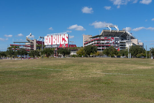 Tampa, Florida, USA - January 8, 2022: Exterior View Of Raymond James Stadium In Tampa, Florida, USA. Raymond James Stadium Is A Multi-purpose Stadium In Tampa. 