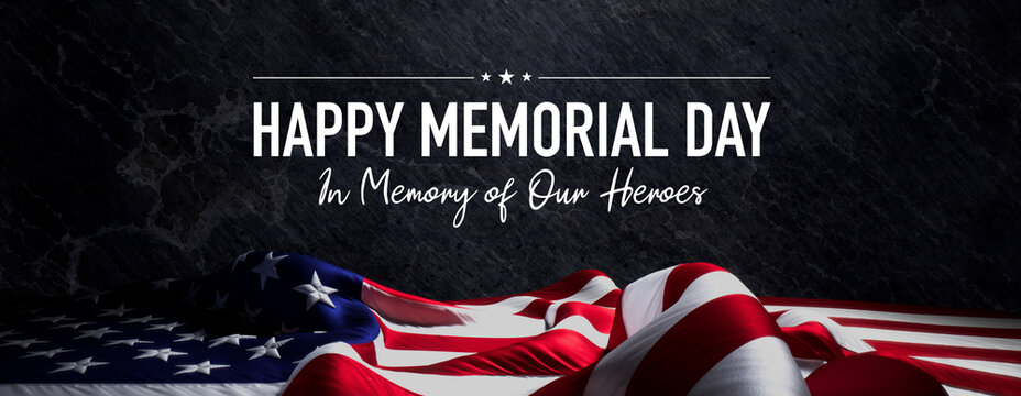 Memorial Day Banner with United States Flag and Black Slate Background.