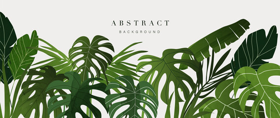 Abstract foliage and botanical background. Green tropical forest wallpaper of monstera leaves, palm, branches in hand drawn pattern. Exotic plants background for banner, prints, decor, wall art. - obrazy, fototapety, plakaty