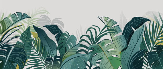 Abstract foliage and botanical background. Green tropical forest wallpaper of monstera leaves, palm, branches in hand drawn pattern. Exotic plants background for banner, prints, decor, wall art. - obrazy, fototapety, plakaty