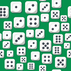 Dice on a green table. Vector seamless pattern of white game dice.