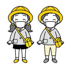 マスクを付け園児服を着た小さな女の子と男の子（シンプル）