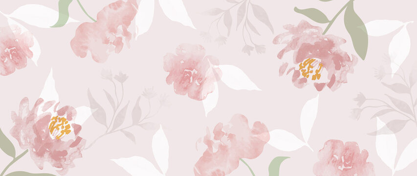 Abstract floral in seamless pattern vector background. Blossom wallpaper with green leaves, pink flower in watercolor texture. Spring flowers seamless illustration suitable for fabric, prints, cover.