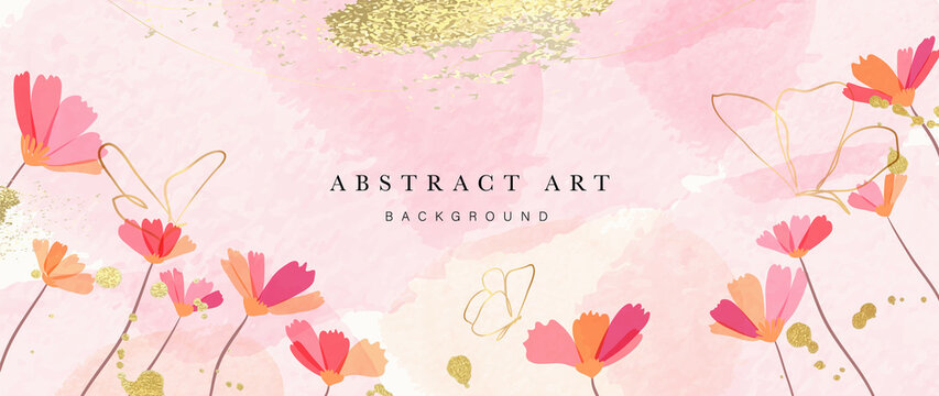 Spring floral in watercolor vector background. Luxury wallpaper design with pink flowers, butterflies, golden texture. Elegant gold blossom flowers illustration suitable for fabric, prints, cover.