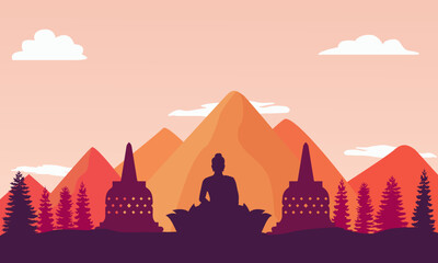 Vesak Day with Buddha Silhouette, Temple, Trees on a Landscape with mountains. Vector Illustration