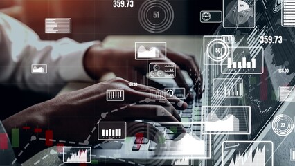 Data Analysis for Business and Finance conceptual. Graphic interface showing future computer...