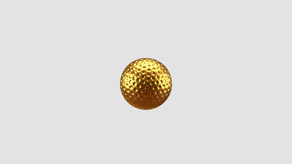 A golden golf ball floats in the air. 3D rendering illustration. Golf ball with shiny gold leaf. Promote a sporting event or golf tour.