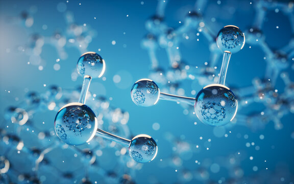 Chemical molecule with blue background, 3d rendering.