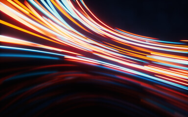 Glowing round illuminated lines with motion blur, 3d rendering.