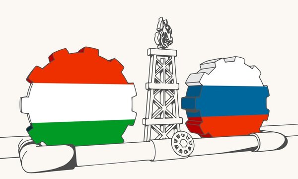 Natural Gas And Oil Transit From Russia To Hungary Concept. Gas Rig, Gears And Pipe. National Flags