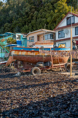 Vertical view of seaweed and fish drying on the beach at Caleta Tumbes in Talcahuano, Chile.