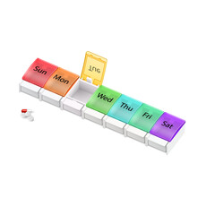 Illustration of Plastic Pharmacy Organizer for Pills for Each Day of the Week on White Background. A Weekly Medicine Dispenser Opened for Tuesday