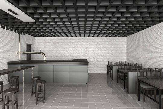 blank black color interior cafe restaurant with white brick wall, black bar counter, grey tile floor and dark wooden chairs. 3d render