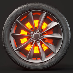 Hot brake disc in a car wheel. An overheated disk glows red. 3d illustration