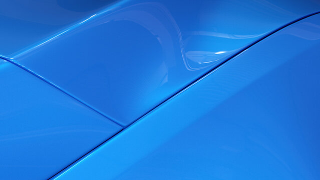Car paint. Surface of blue sport sedan auto, detail of metal hood. Blue background, metal paintwork texture. 3d illustration