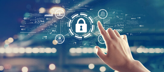 Internet network security concept with hand pressing a button on a technology screen