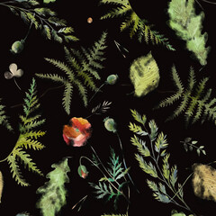Watercolor illustration. Pattern of leaves, herbs and plant branches. Watercolor freehand drawing of flowers on a black background.