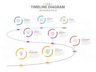 Infographic template for business. 8 Steps Modern Timeline diagram with circles, presentation vector infographic.