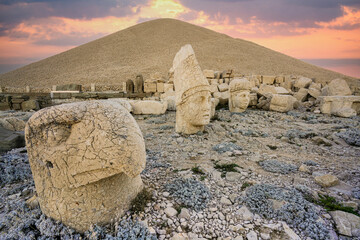 Nemrut Mountain 2150 meters, colossal statues,  stone heads and Commagene civilization, Mount Nemrut where King Antiochus is reputedly entombed. The UNESCO World Heritage. Anatolia, Adiyaman TURKEY