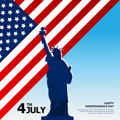 Celebrating America Independence Day background with flag and landmark statue. 4th of July American independence day design vector