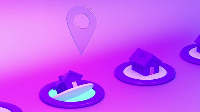 House location pointer. Locations icon animation. Houses and locations pin. GPS navigation. Flipping houses with GPS pin 3d render looped animation