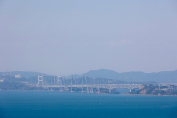香川県坂出市側の高層タワーから見た瀬戸大橋