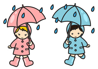 Obraz na płótnie Canvas 雨合羽を着て傘をさす子供たち
