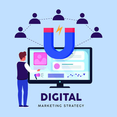 Businessman presenting with members on marketing strategy. Digital marketing. Flat isolated vector illustration.