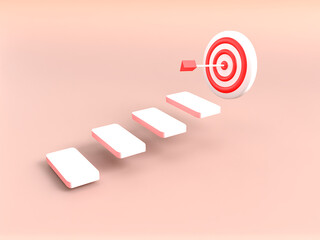 Red arrow hit the center of target on top of the staircase. business strategy and target achievement concept.3d render illustration