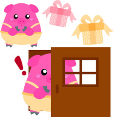 Shy pig hide behind the door