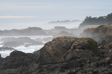 rocky coastal cliffs edge with fog in norhtern california.