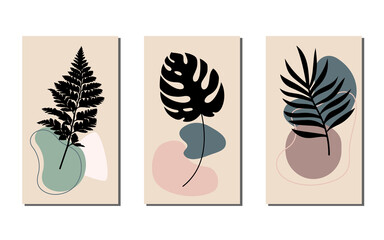 set of modern Posters with abstract figures and plant elements. Boho style posters