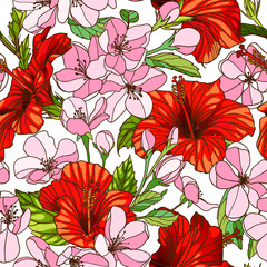 Seamless vector pattern of Blooming pink apple tree and Hibiscus red