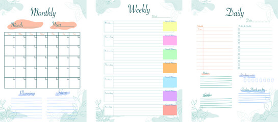 Planner set with minimal green background, monthly p, weekly, daily, calendar, planning, schedule and to do list that can help you manage your life  - obrazy, fototapety, plakaty