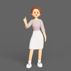 Young Businesswoman standing and pointing fingers up having idea 3d illustration cartoon