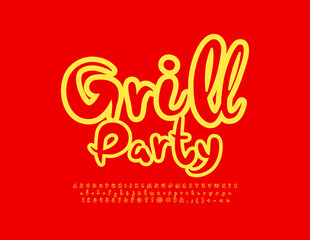 Vector creative poster Grill Party. Bright handwritten Font. Red and Yellow artistic Alphabet Letters, Numbers and Symbols set