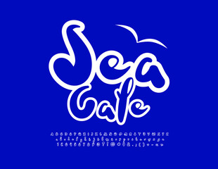 Vector bright logo sea Cafe. Handwritten Playful Font. Modern creative Alphabet Letters and Numbers set