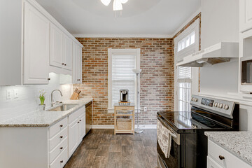 modern kitchen interior with kitchen brick white backsplash hardwood floors