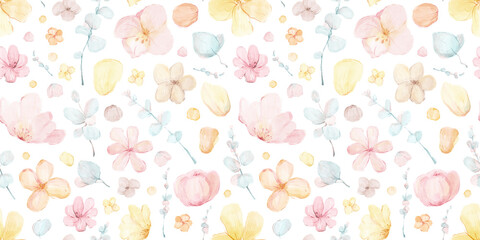 Nursery wallpaper. Watercolor hand drawn cute seamless pattern with delicate abstract spring flowers, eucalyptus branches. Meadow wild flowers elements isolated on white background.